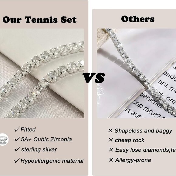 Sterling Silver Tennis Necklace Bracelet Set Dainty Hypoallergenic Jewelry for W - Picture 7 of 9